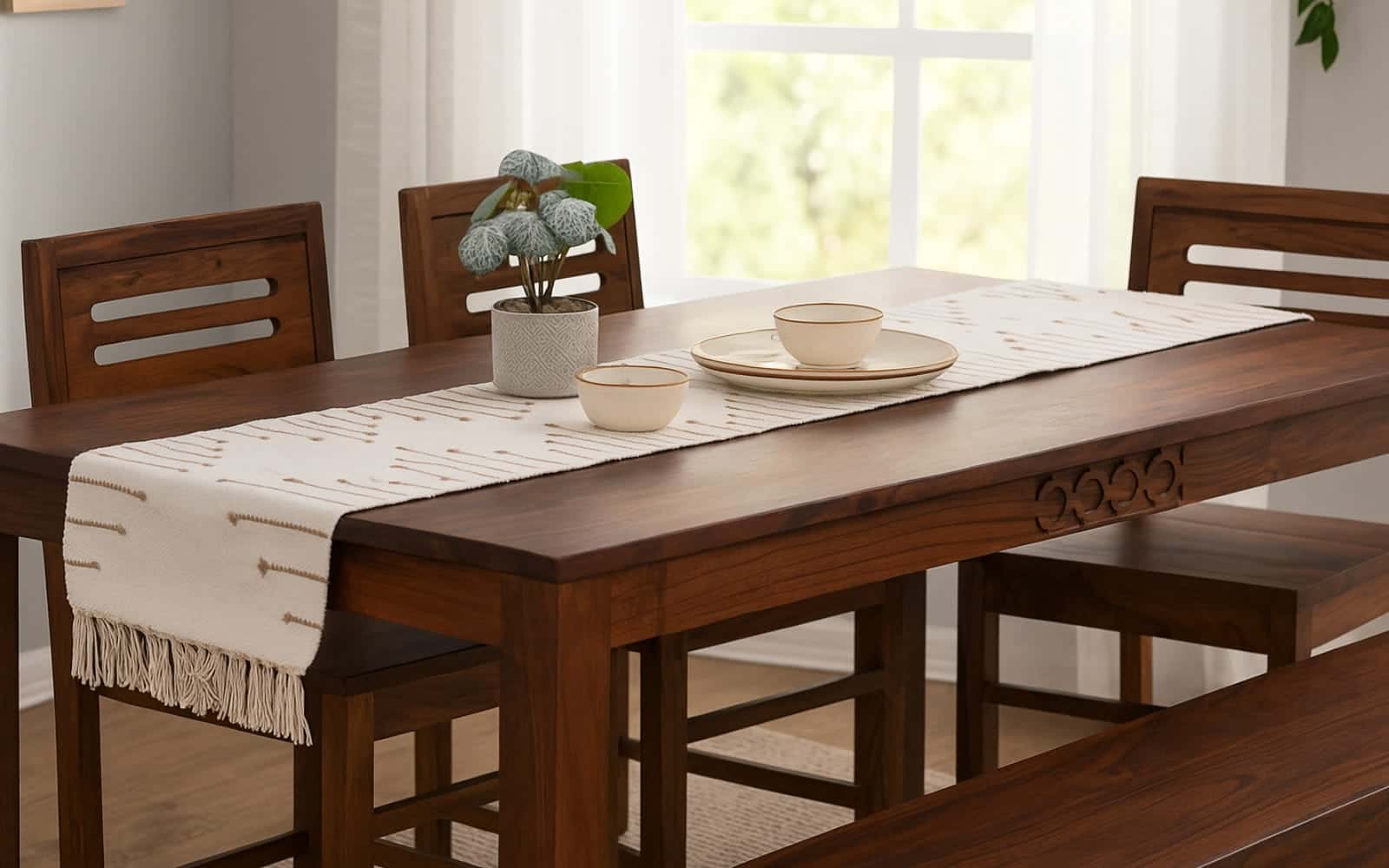 Royaloak Maze Handwoven Cotton Table Runner - Beige