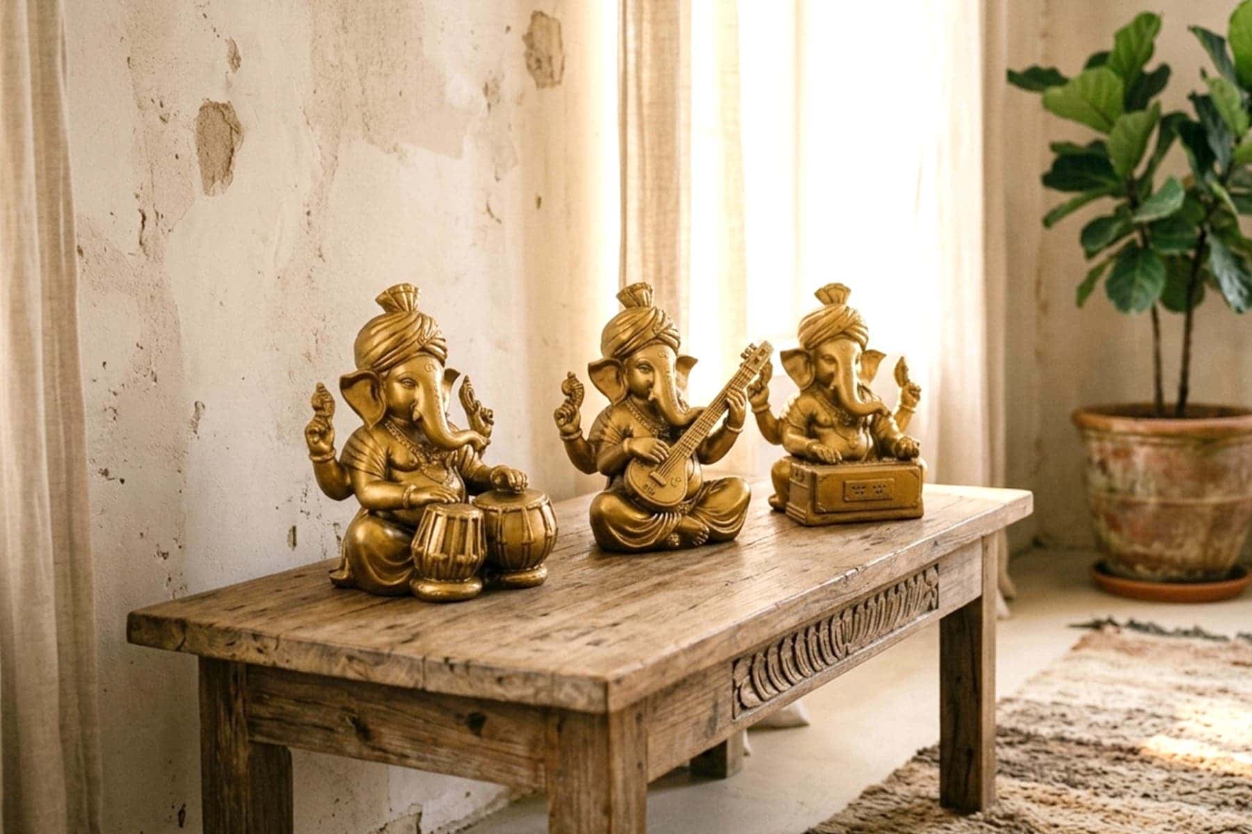 Royaloak Musical Ganesha Figurine Set of 3-  Bronze