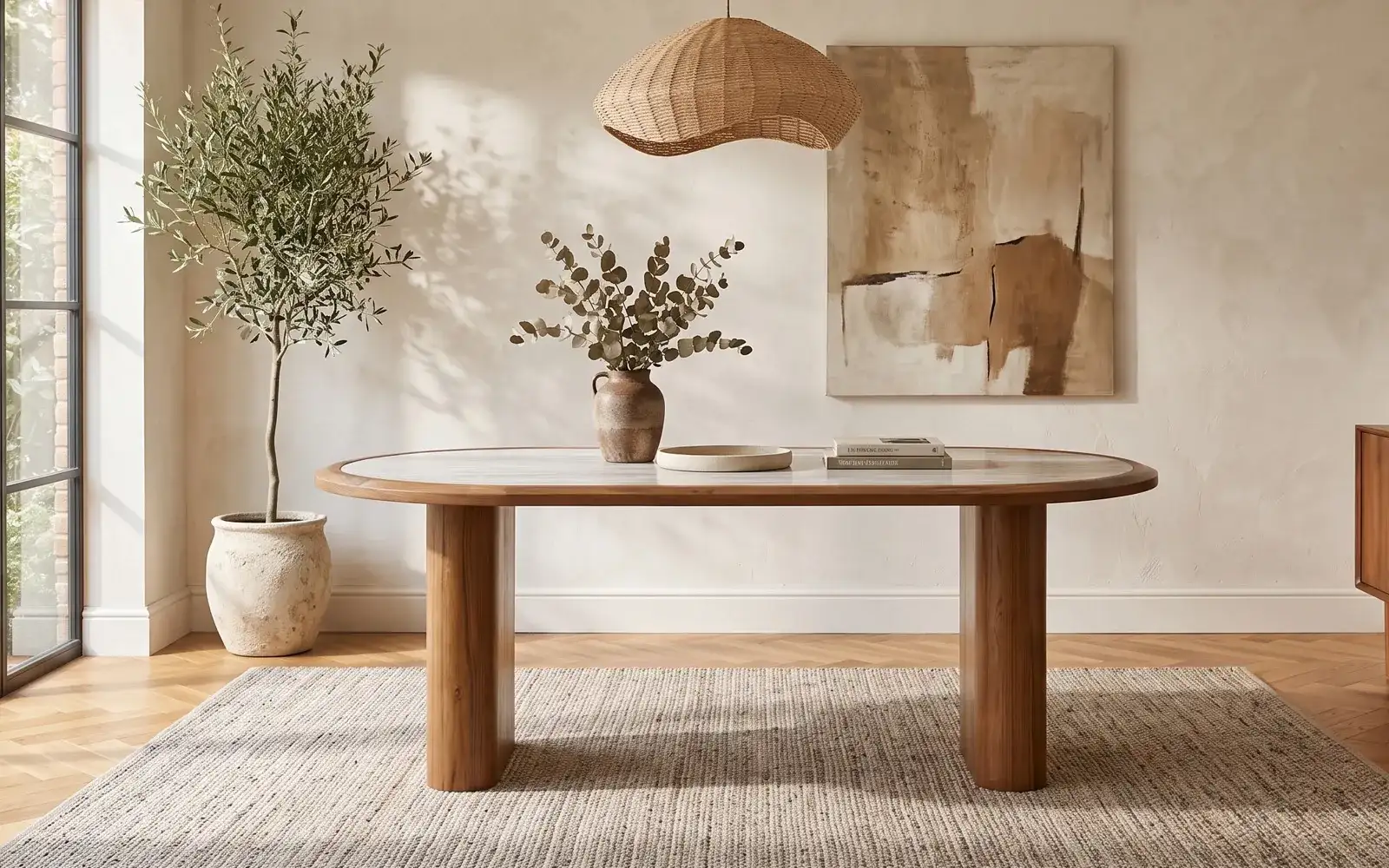 Royaloak Dallas American Teak Wood and Marble Top Dining Table-  6 Seater