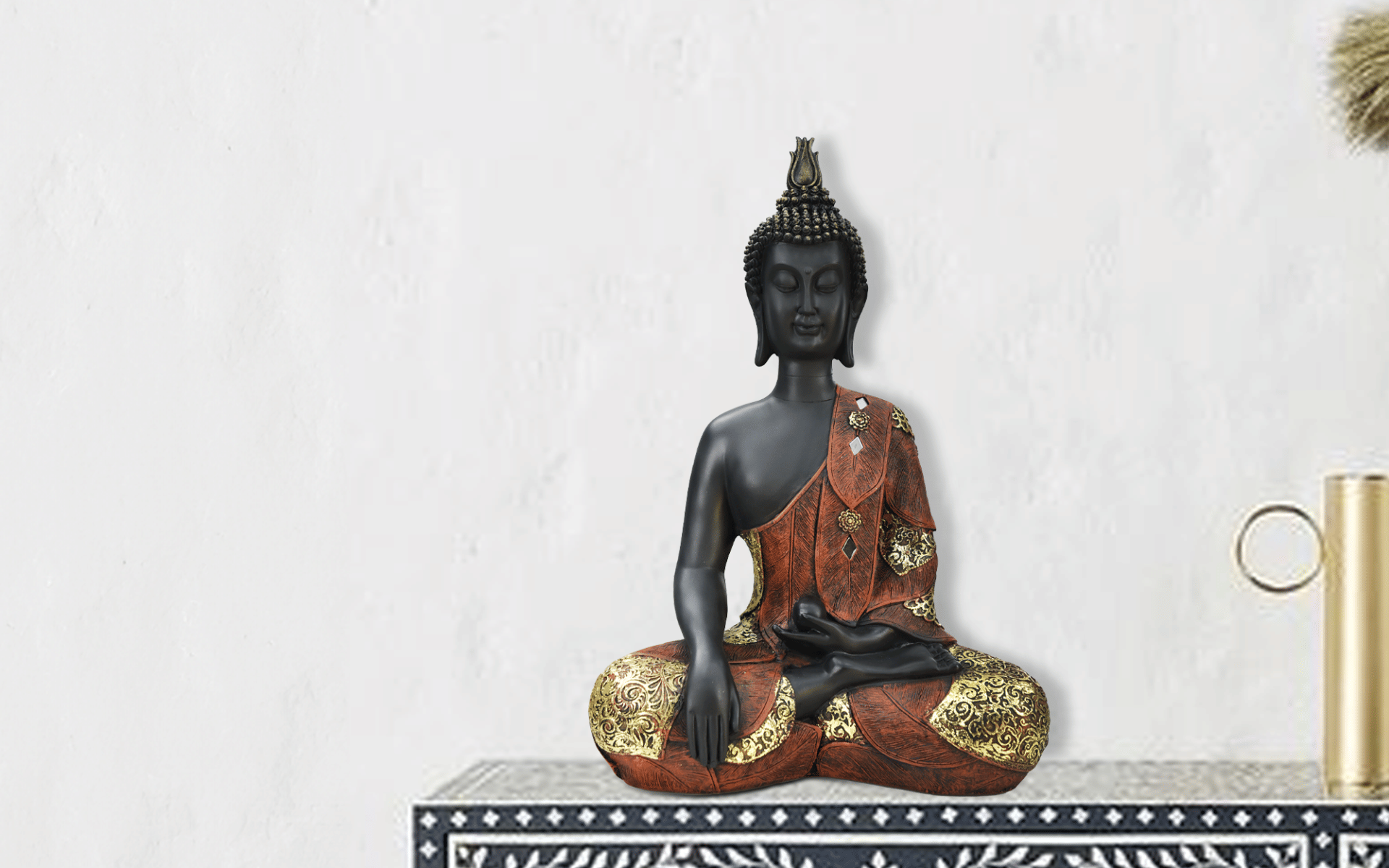 Buy Royaloak Buddha Statue with Laddu Statue - Black & Red - 15.3 Inches online