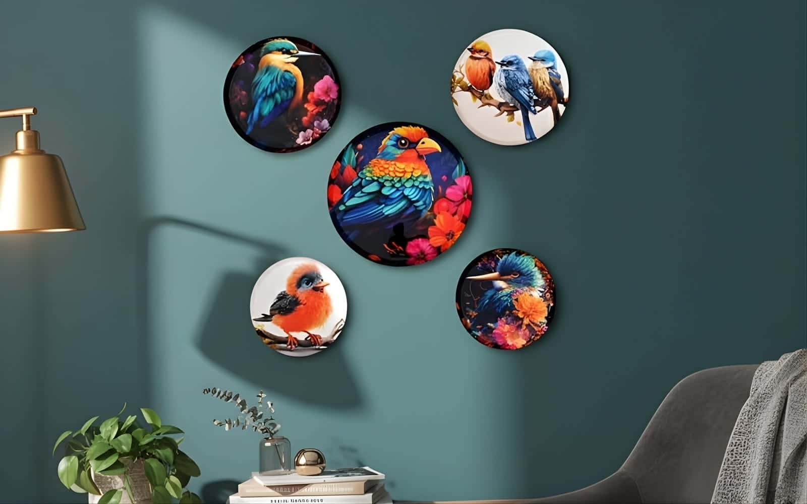 Royaloak Bird-Themed Wall Plates- Blue and White Set of 5