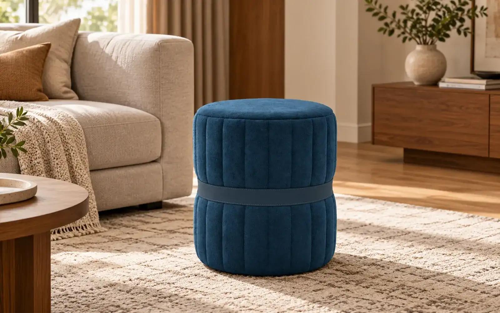 Royaloak Luna Round Upholstered Ottoman-Mineral Blue