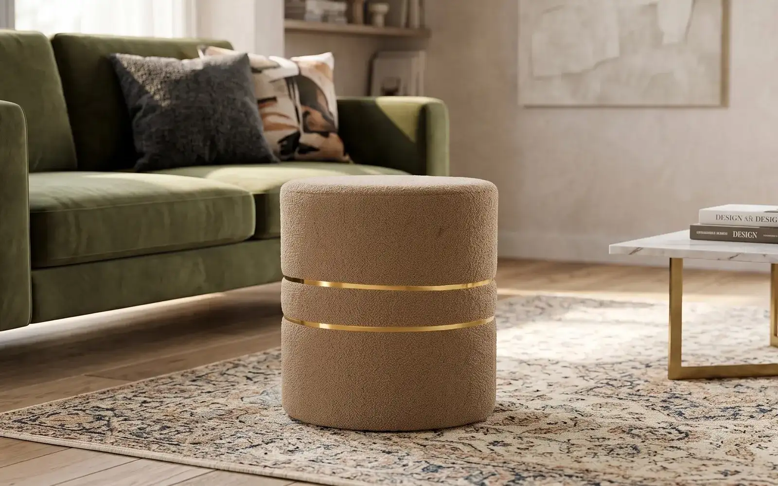 Royaloak Grace  Round Upholstered Ottoman – Beige