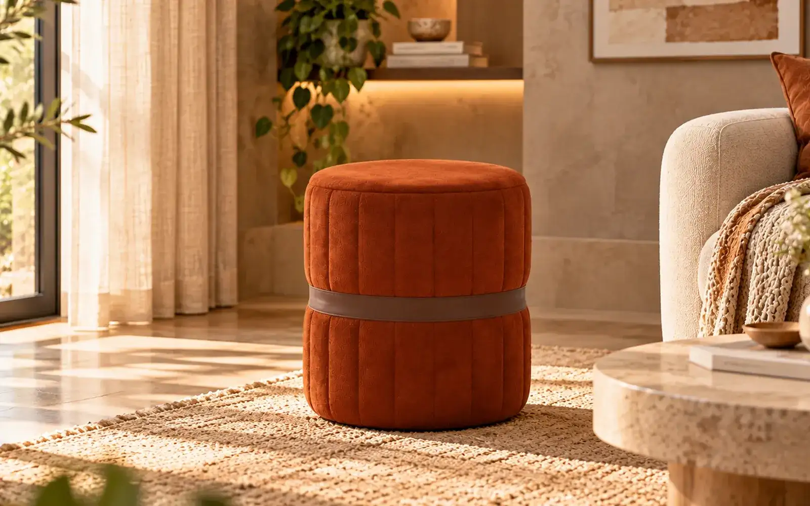 Royaloak Luna Round Upholstered Ottoman – Rust